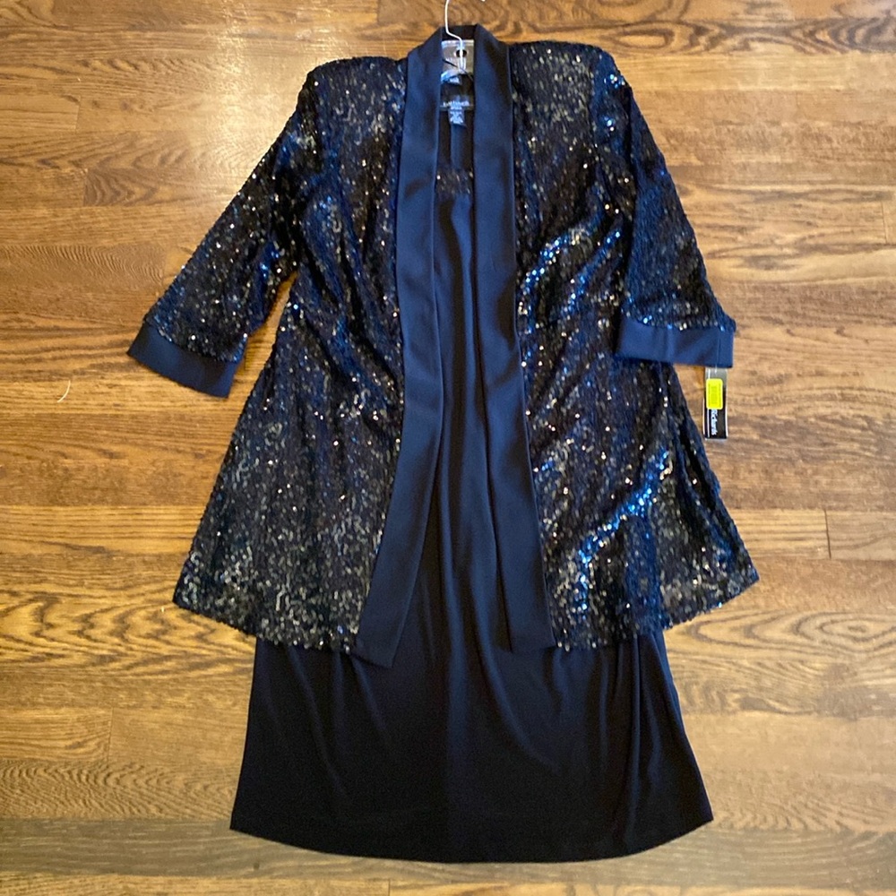 R&M Richards Black Sequined Dress & Jacket Set SZ 12P NWT